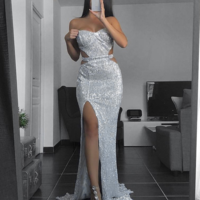 Sparkly Silver Sequin Open Back Prom Dress With Slit  - Thumbnail 1