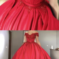 Princess Off The Shoulder Red Ball Gown Prom Dress - Thumbnail 1