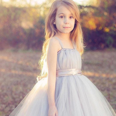Princess grey tulle long flower girl dresses