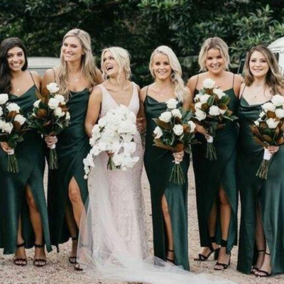 A line spaghetti straps dark green satin bridesmaid dresses with split - Thumbnail 4