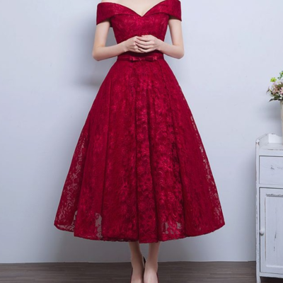 Tea length red off the shoulder lace homecoming dress - Thumbnail 4