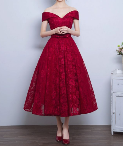 Tea Length Red Off The Shoulder Lace Homecoming Dress