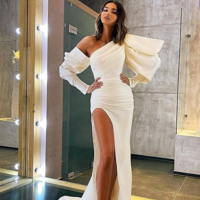 Mermaid Unique Ruffled Sleeves Satin Prom Dress - Thumbnail 3