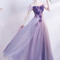 Purple tulle long A line prom dress evening dress - Thumbnail 1