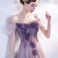 Purple tulle long A line prom dress evening dress - Thumbnail 2
