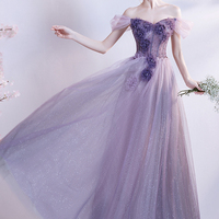 Purple tulle long A line prom dress evening dress - Thumbnail 3