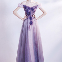 Purple tulle long A line prom dress evening dress - Thumbnail 4