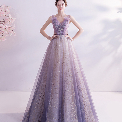 Purple tulle long a line prom dress evening dress - Thumbnail 3