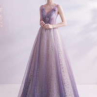 Purple tulle long A line prom dress evening dress - Thumbnail 2