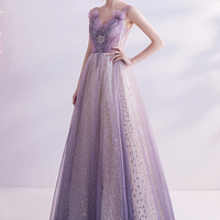 Purple tulle long A line prom dress evening dress - Thumbnail 3