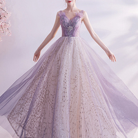 Purple tulle long A line prom dress evening dress - Thumbnail 5