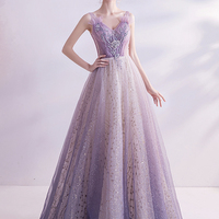 Purple tulle long A line prom dress evening dress - Thumbnail 6
