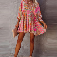 Women's Printed V-neck Long Sleeve Dress - Thumbnail 1