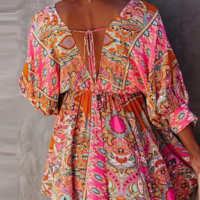 Women's Printed V-neck Long Sleeve Dress - Thumbnail 2