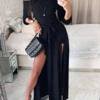 Fashion Long Sleeve Black One-Shoulder Split Dress - Thumbnail 1