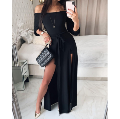 Fashion Long Sleeve Black One-Shoulder Split Dress