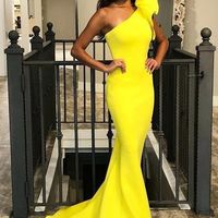 Fitted One Shoulder Yellow Pageant Dress,Simple Prom Dresses,Satin Party Dresses,1060 - Thumbnail 1