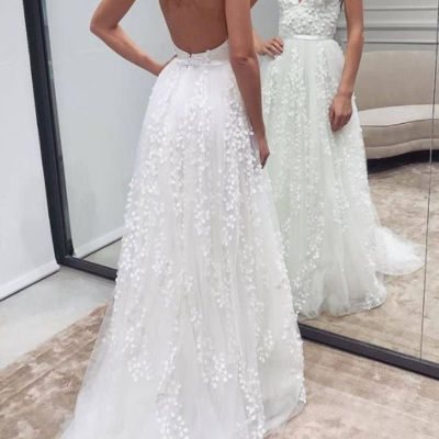 Handmade floral wedding dress,sexy open back spaghetti straps wedding dress,boho wedding dress,1061