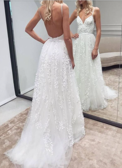 Handmade Floral Wedding Dress,Sexy Open Back Spaghetti Straps Wedding Dress,Boho Wedding Dress,1061