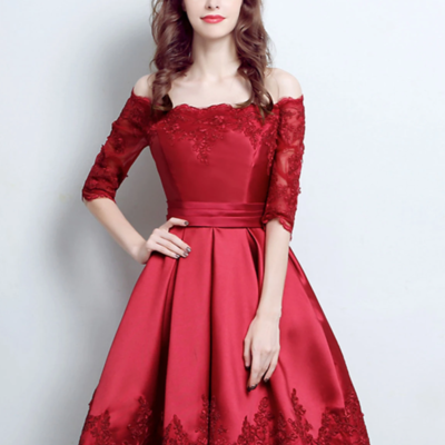 Off shoulder burgundy lace satin short prom dress - Thumbnail 4