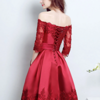 Off Shoulder burgundy lace satin short prom dress - Thumbnail 1