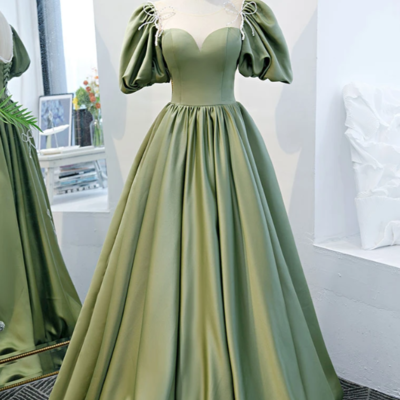 Simple a line green satin long prom dress, evening dress - Thumbnail 4