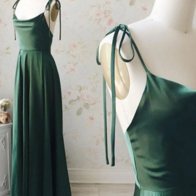 Simple a line green satin long prom dress,bridesmaid dress - Thumbnail 4