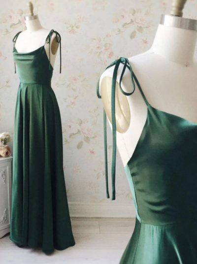 Simple a line green satin long prom dress,bridesmaid dress
