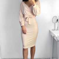Solid Color Women'S Off-Shoulder Long Sleeve Dress - Thumbnail 1
