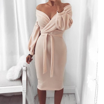 Solid color women's off-shoulder long sleeve dress