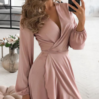 V-Neck Sexy Pink Ruffled Long Sleeve Dress - Thumbnail 1