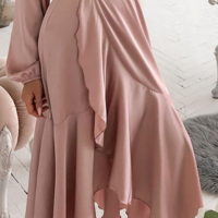 V-Neck Sexy Pink Ruffled Long Sleeve Dress - Thumbnail 2
