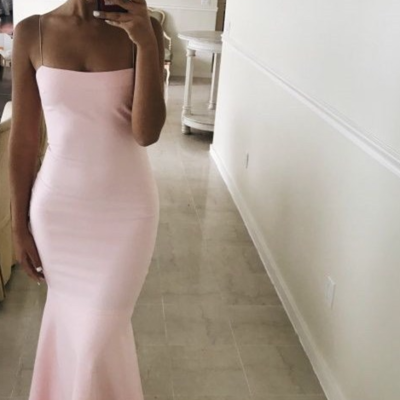 Elegant pink mermaid long prom dress with straps - Thumbnail 1