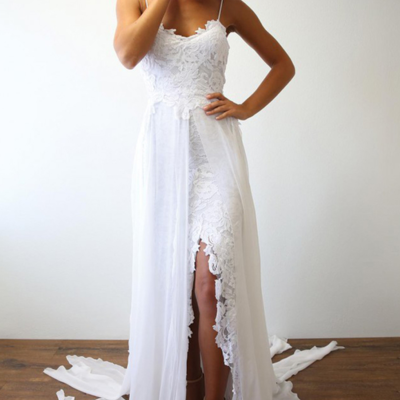 A line v neck lace wedding dresses with split - Thumbnail 5