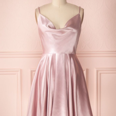 Open back blush pink satin short homecoming dresses - Thumbnail 3