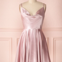 Open Back Blush Pink Satin Short Homecoming Dresses - Thumbnail 1