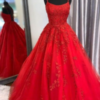 A Line Cute Scoop Neck Straps Red Prom Dress - Thumbnail 1