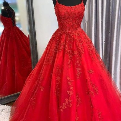 A line cute scoop neck straps red prom dress - Thumbnail 3