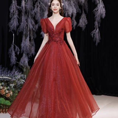Red v neck tulle long a line prom dress evening dress - Thumbnail 2