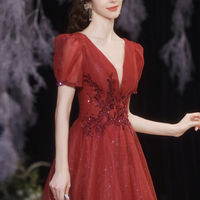 Red v neck tulle long A line prom dress evening dress - Thumbnail 1