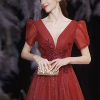 Red v neck tulle long A line prom dress evening dress - Thumbnail 2