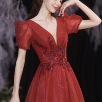 Red v neck tulle long A line prom dress evening dress - Thumbnail 3