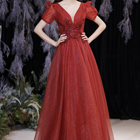 Red v neck tulle long A line prom dress evening dress - Thumbnail 5