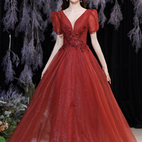 Red v neck tulle long A line prom dress evening dress - Thumbnail 7