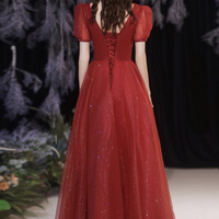 Red v neck tulle long A line prom dress evening dress - Thumbnail 6