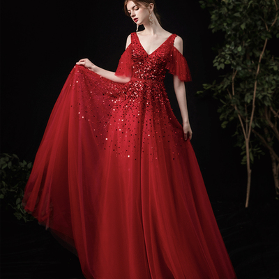 Red tulle sequins long a line prom dress red evening dress - Thumbnail 2