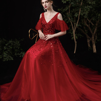 Red tulle sequins long A line prom dress red evening dress - Thumbnail 2