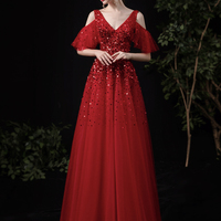 Red tulle sequins long A line prom dress red evening dress - Thumbnail 4