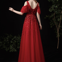 Red tulle sequins long A line prom dress red evening dress - Thumbnail 6