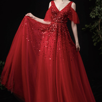 Red tulle sequins long A line prom dress red evening dress - Thumbnail 8